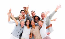 Happy business people laughing against white background